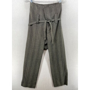 MALLONI Pants Women 40 S Wrap Wool Cotton Herringbone Stripe Belted Gray